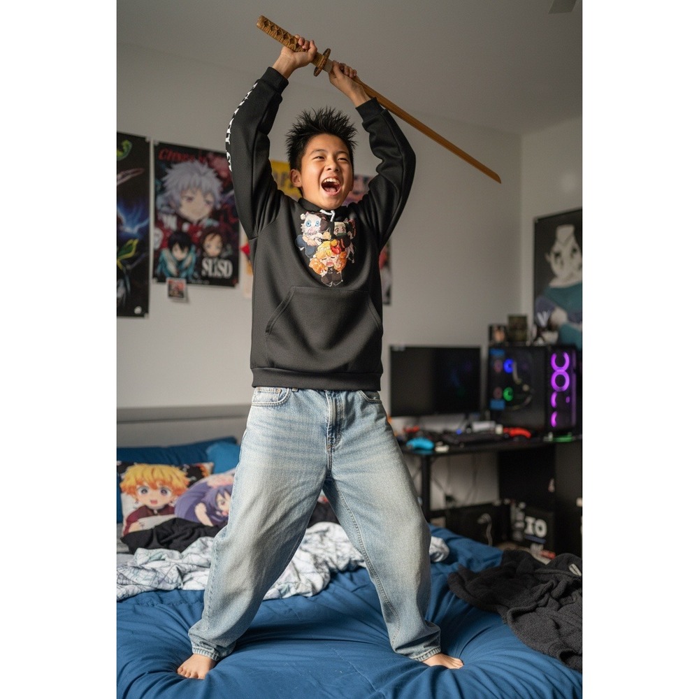 Demon Slayer Anime Hoodie Black Graphic Print Kids Youth M‎
